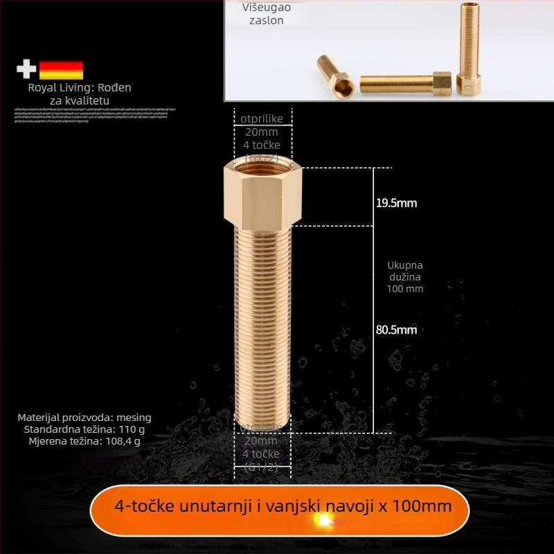 Bakreni produžni spoj s unutarnjim i vanjskim navojem, izravno produženje, navoji 4–6, prohodan dizajn