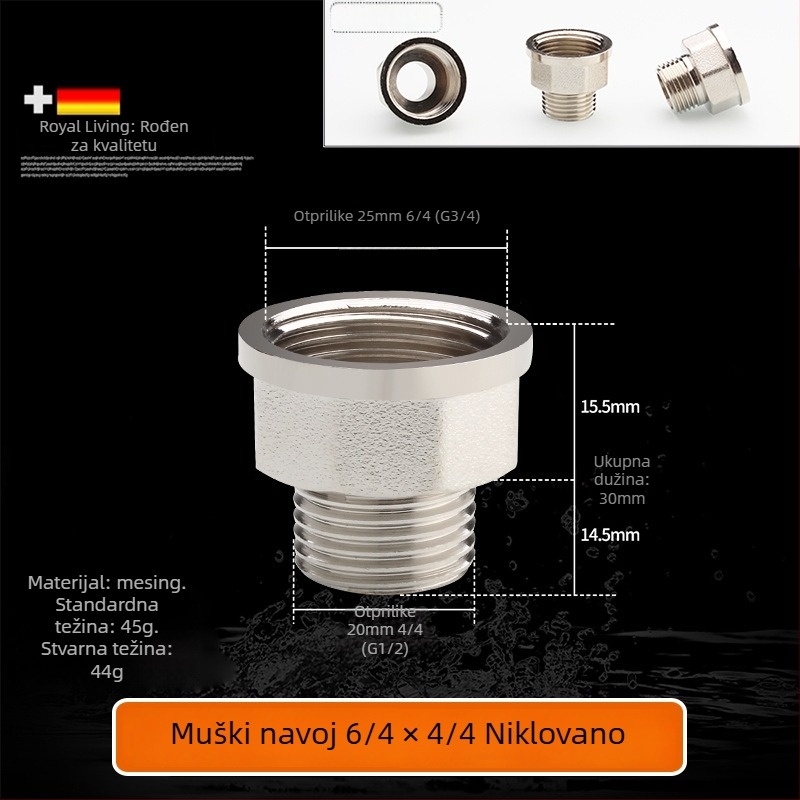 Bakreni produžni spoj s unutarnjim i vanjskim navojem, izravno produženje, navoji 4–6, prohodan dizajn
