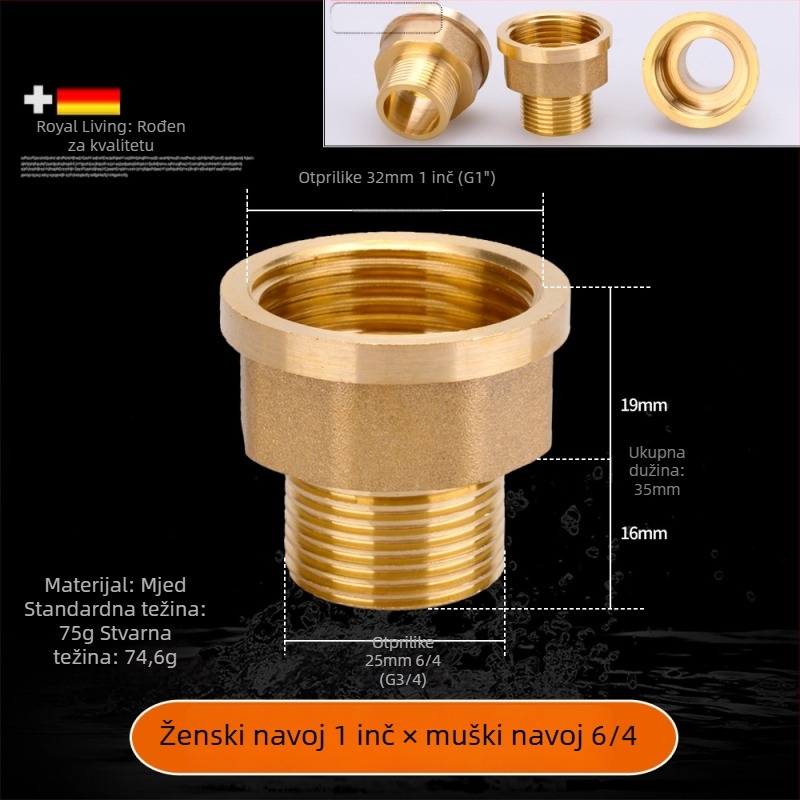 Bakreni produžni spoj s unutarnjim i vanjskim navojem, izravno produženje, navoji 4–6, prohodan dizajn