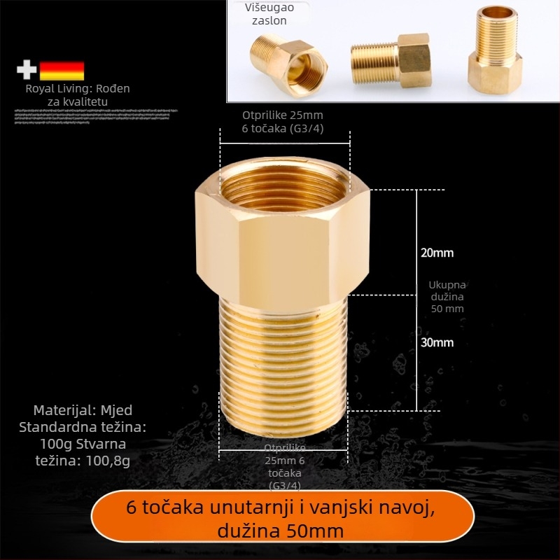 Bakreni produžni spoj s unutarnjim i vanjskim navojem, izravno produženje, navoji 4–6, prohodan dizajn