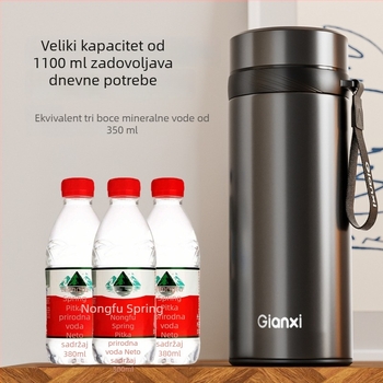 Izolirana šalica za čaj s odjeljivanjem čaja i vode, dvostruke stijene od nehrđajućeg čelika 304, 0–6 sati izolacije, remen za nošenje, čajni odjeljak, twist poklopac (304SS + PP)