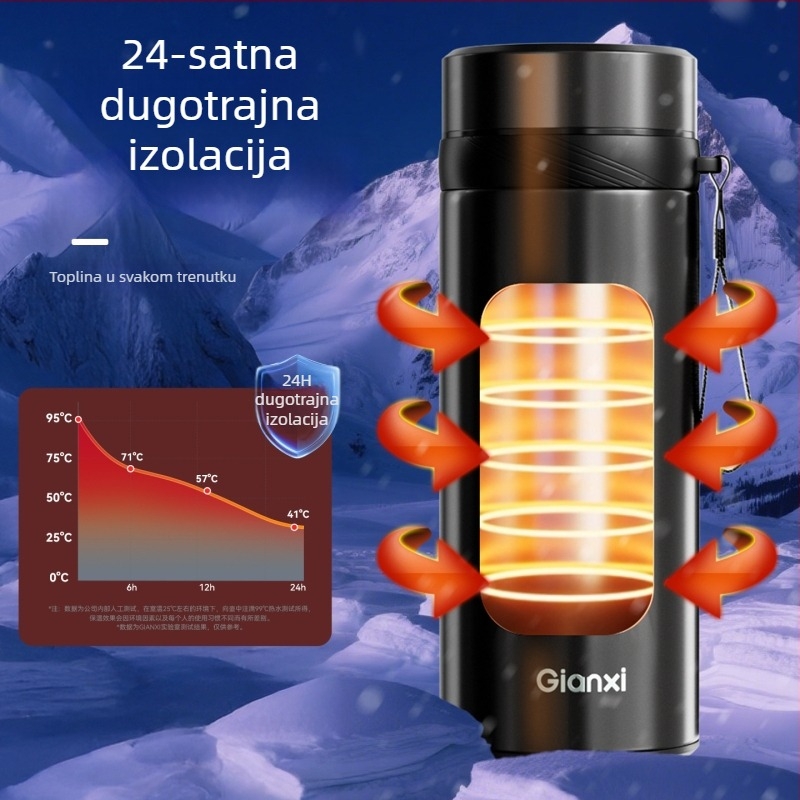 Izolirana šalica za čaj s odjeljivanjem čaja i vode, dvostruke stijene od nehrđajućeg čelika 304, 0–6 sati izolacije, remen za nošenje, čajni odjeljak, twist poklopac (304SS + PP)
