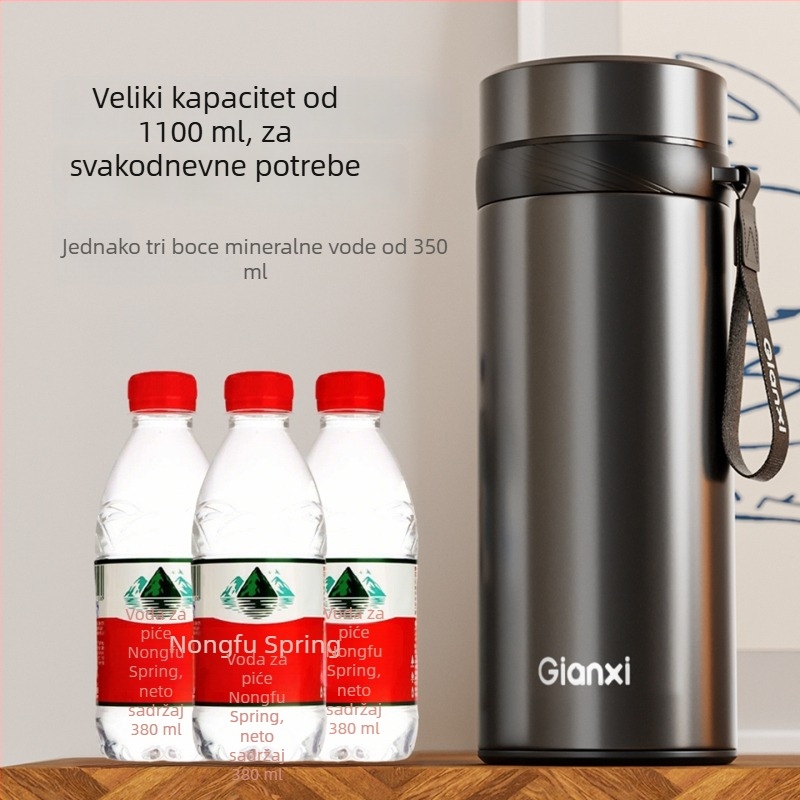 Izolirana šalica za čaj s odjeljivanjem čaja i vode, dvostruke stijene od nehrđajućeg čelika 304, 0–6 sati izolacije, remen za nošenje, čajni odjeljak, twist poklopac (304SS + PP)