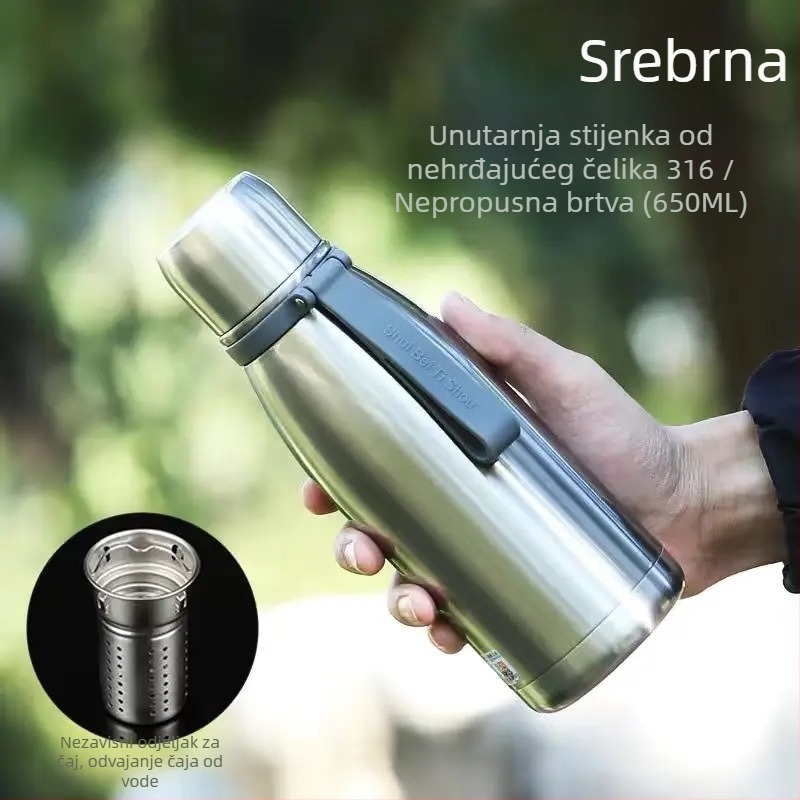 Termos šalica s unutarnjim dijelom od 316 nerđajućeg čelika, vanjski dio od 304 nerđajućeg čelika, vakuumska izolacija 24–36 sati, odjeljak za čaj i vodu, prilagođeni logotip
