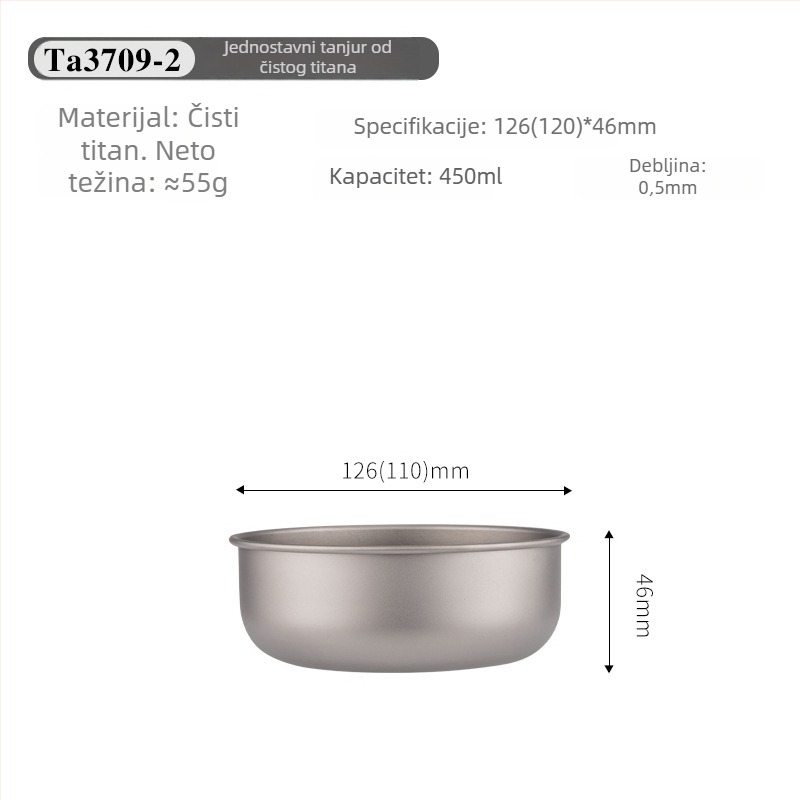 Set titanijskih zdjela za jelo, prijenosan i ultra lagan, model TA3709, težina 120 g, za 1 osobu