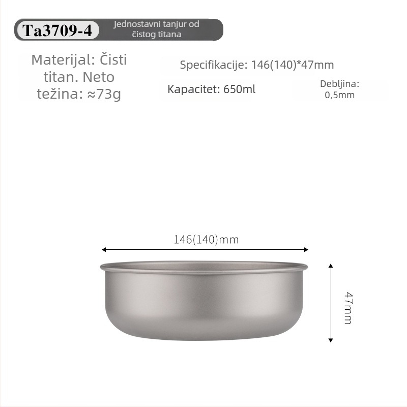 Set titanijskih zdjela za jelo, prijenosan i ultra lagan, model TA3709, težina 120 g, za 1 osobu