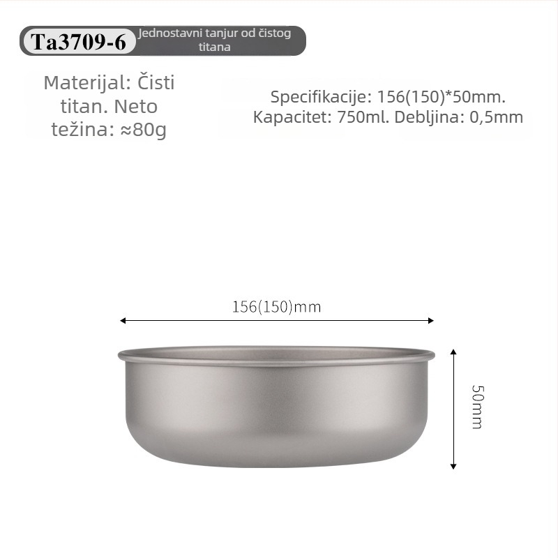 Set titanijskih zdjela za jelo, prijenosan i ultra lagan, model TA3709, težina 120 g, za 1 osobu