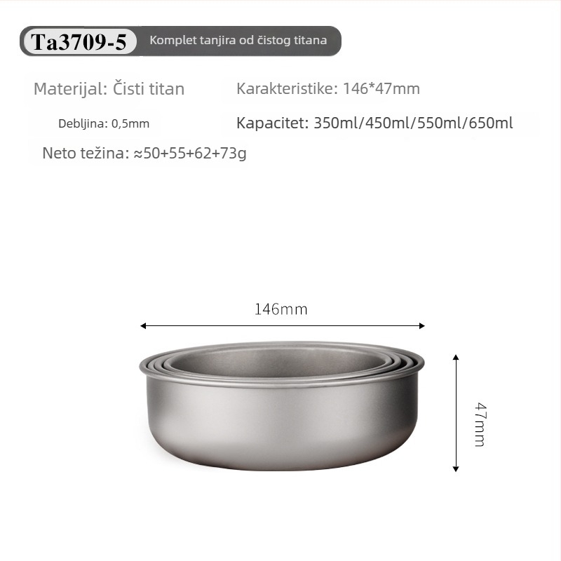 Set titanijskih zdjela za jelo, prijenosan i ultra lagan, model TA3709, težina 120 g, za 1 osobu