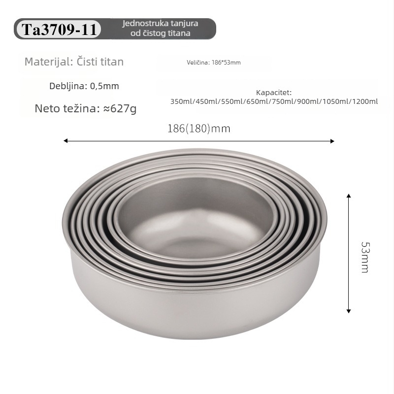 Set titanijskih zdjela za jelo, prijenosan i ultra lagan, model TA3709, težina 120 g, za 1 osobu