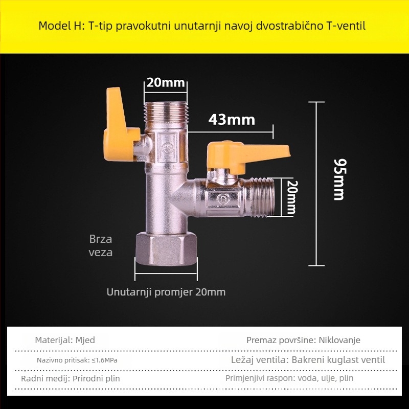 Trojputni plinski ventil, tip F, M30, bakar, model 011