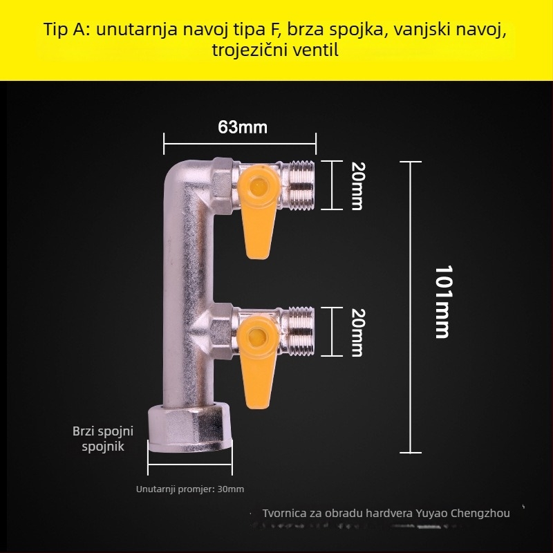 Trojputni plinski ventil, tip F, M30, bakar, model 011