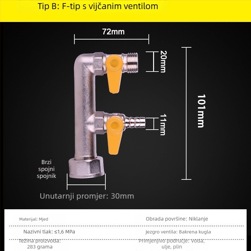 Trojputni plinski ventil, tip F, M30, bakar, model 011