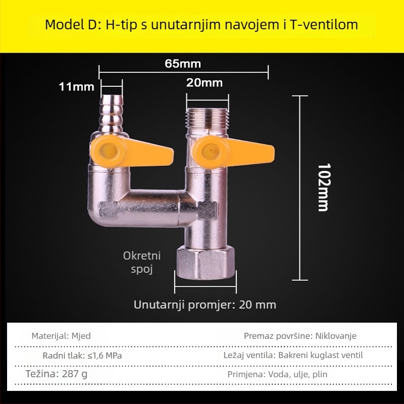 Trojputni plinski ventil, tip F, M30, bakar, model 011