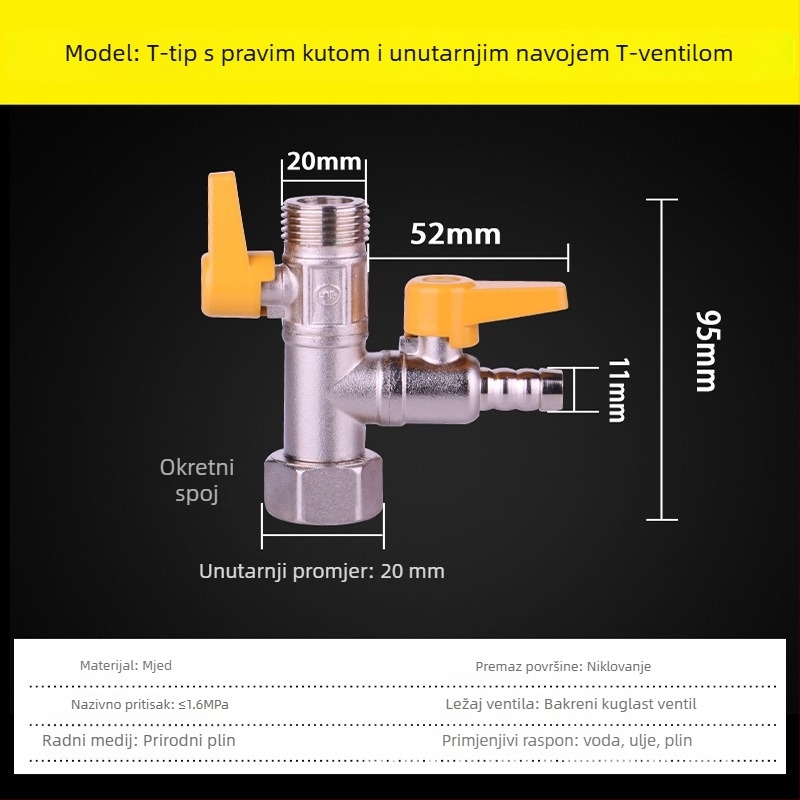 Trojputni plinski ventil, tip F, M30, bakar, model 011