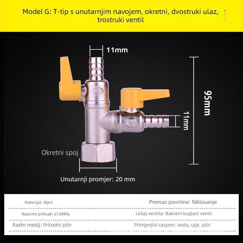 Trojputni plinski ventil, tip F, M30, bakar, model 011