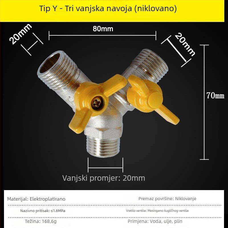 Trojputni plinski ventil, tip F, M30, bakar, model 011