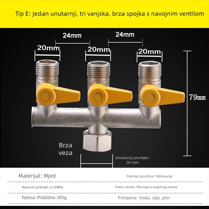 Trojputni plinski ventil, tip F, M30, bakar, model 011