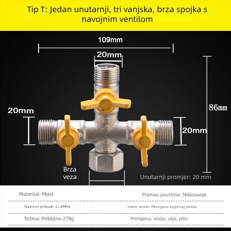 Trojputni plinski ventil, tip F, M30, bakar, model 011