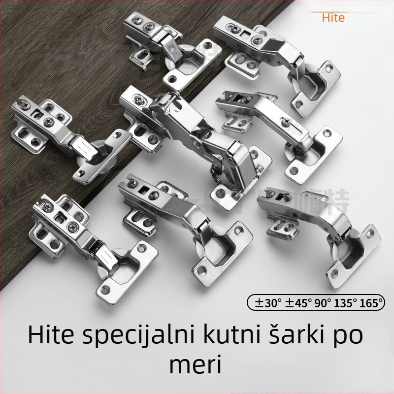 Šarnier s posebnim kutem i tlom; kratko krilo s dvije rupe; prilagodljivi kutovi ±30°, ±45°, 90°, 135°, 165°; materijal: hladno valjani čelik; završna obloga: bakar na donjoj strani