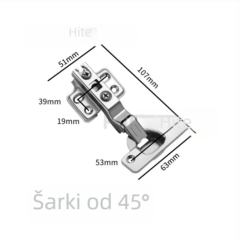 Šarnier s posebnim kutem i tlom; kratko krilo s dvije rupe; prilagodljivi kutovi ±30°, ±45°, 90°, 135°, 165°; materijal: hladno valjani čelik; završna obloga: bakar na donjoj strani