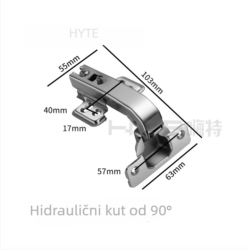 Šarnier s posebnim kutem i tlom; kratko krilo s dvije rupe; prilagodljivi kutovi ±30°, ±45°, 90°, 135°, 165°; materijal: hladno valjani čelik; završna obloga: bakar na donjoj strani