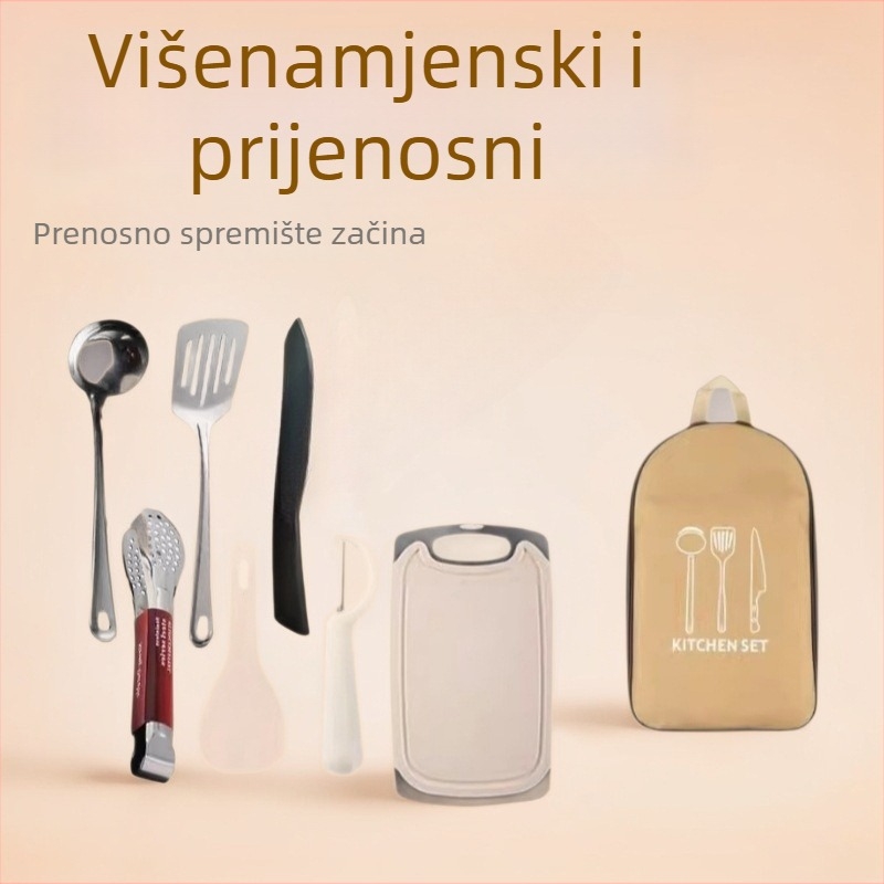 Set pribora za kuhanje na otvorenom od nehrđajućeg čelika za kampiranje – prijenosni višenamjenski komplet s nožem, vilicom, žlicom i vrećicom za začine