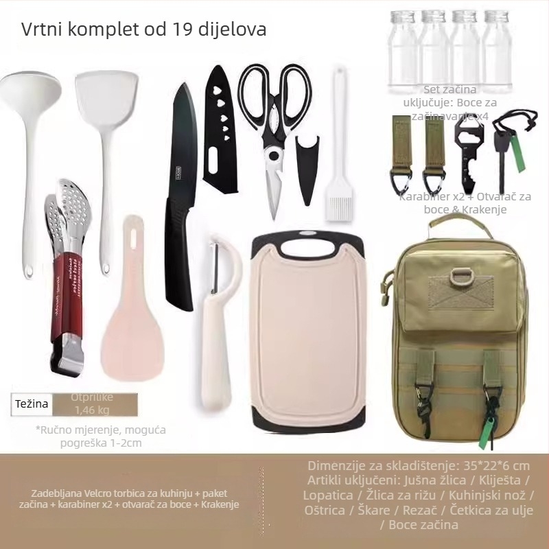 Set pribora za kuhanje na otvorenom od nehrđajućeg čelika za kampiranje – prijenosni višenamjenski komplet s nožem, vilicom, žlicom i vrećicom za začine