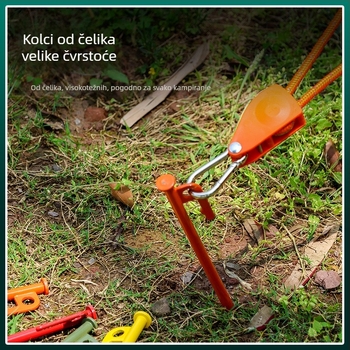 Šatorski klinovi – čelični, dugi i debeli; pogodni za snijeg i pijesak (Materijal: čelik; Tip: šatorski klinovi)