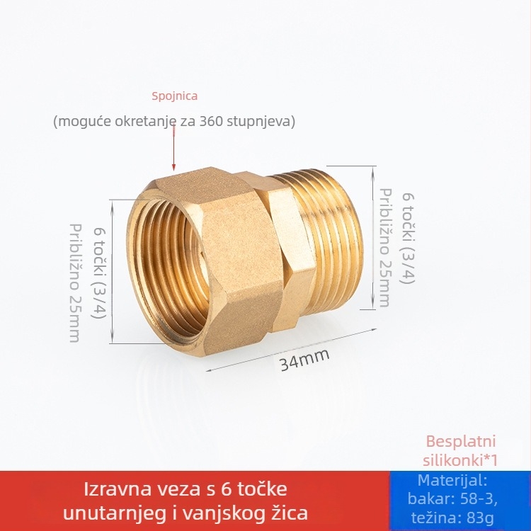 Bakreni spoj cijevi s unutarnjim i vanjskim navojem – redukcijski spoj za vodovodne instalacije