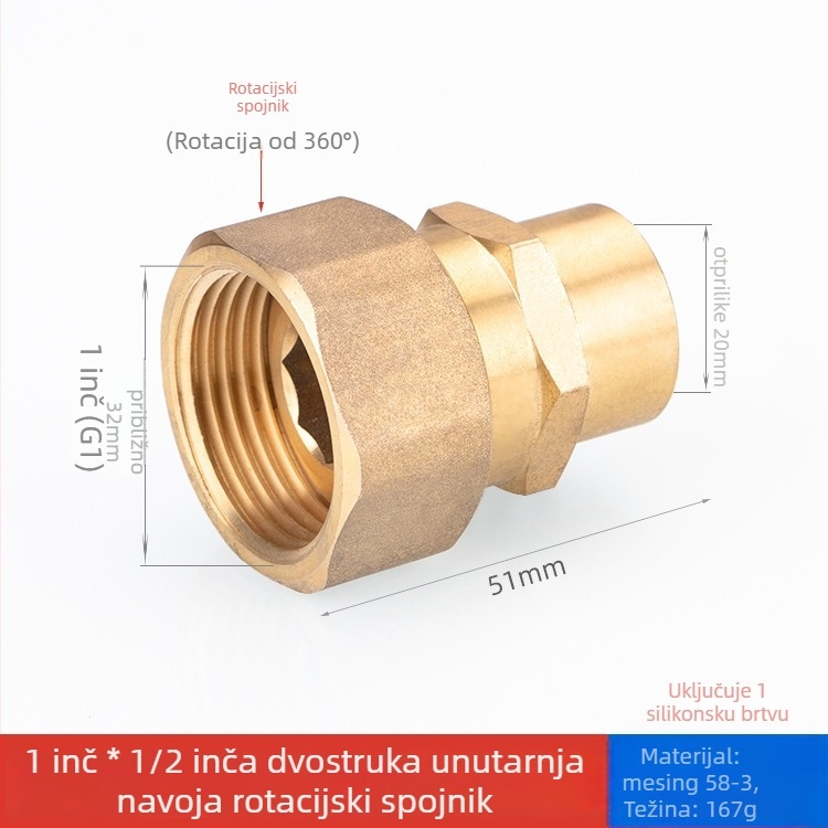 Bakreni spoj cijevi s unutarnjim i vanjskim navojem – redukcijski spoj za vodovodne instalacije