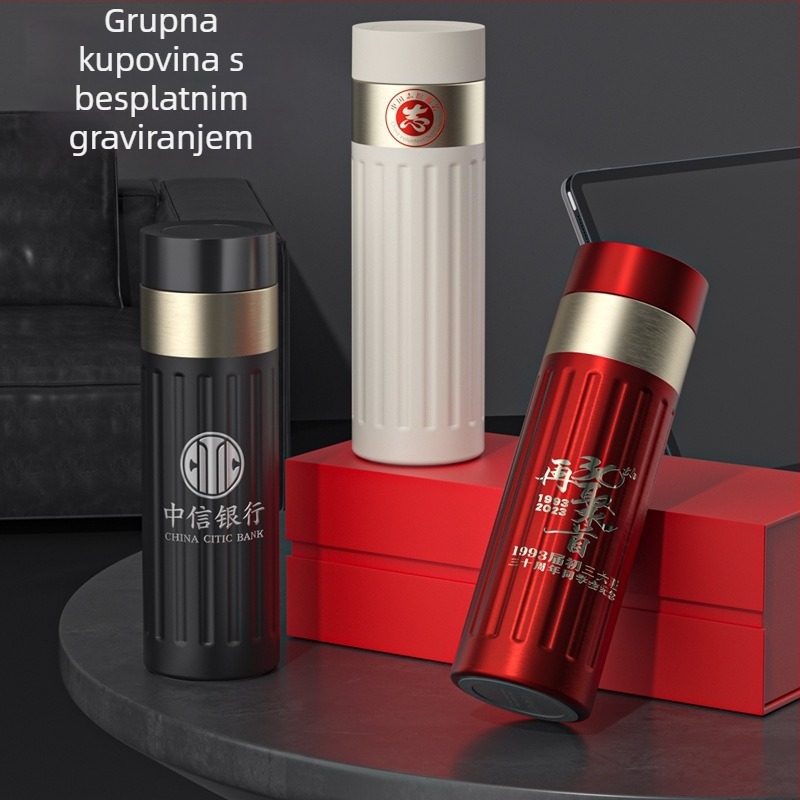 Termos šalice od nehrđajućeg čelika 316, unutarnja posuda 316, vanjski omotač 201, vakuumska izolacija 6-12 sati, čajni separator, prikaz temperature