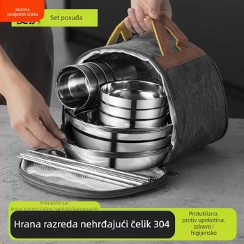 Set posuđa od nehrđajućeg čelika 304 – zdjele, tanjuri i štapići za jelo, prijenosno za kampiranje