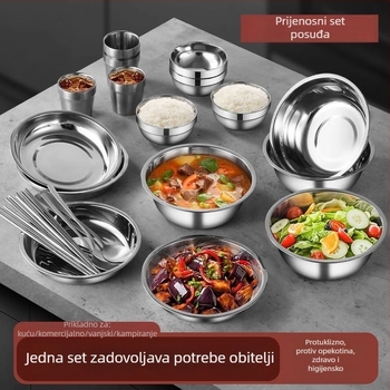 Set posuđa od nehrđajućeg čelika 304 – zdjele, tanjuri i štapići za jelo, prijenosno za kampiranje