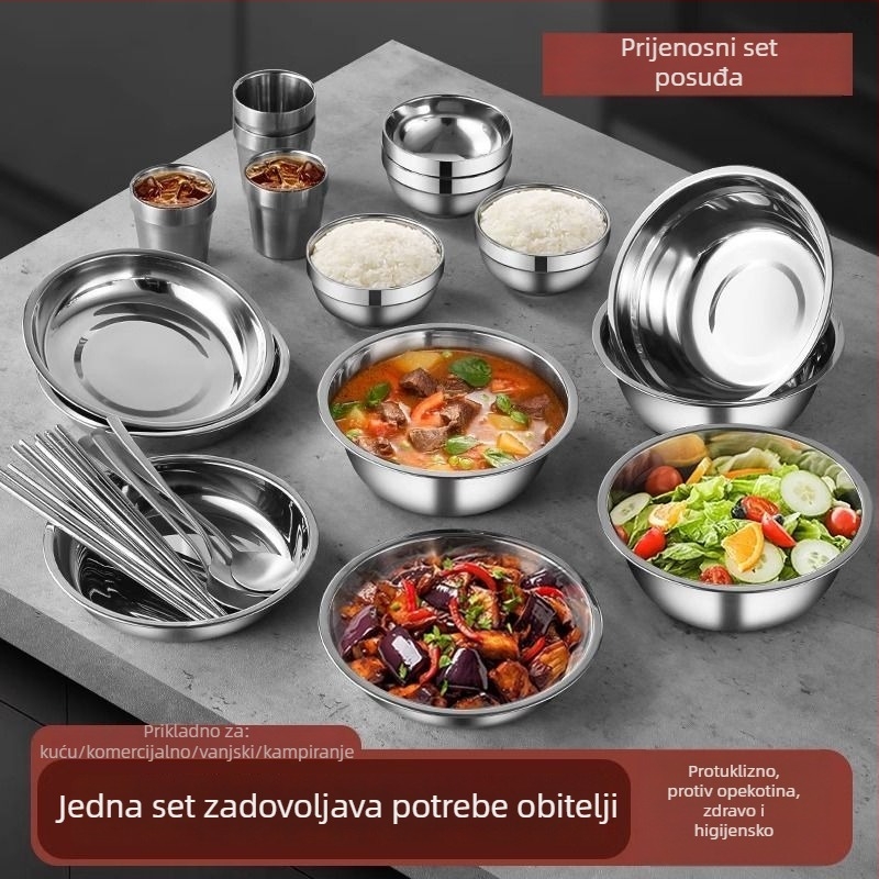 Set posuđa od nehrđajućeg čelika 304 – zdjele, tanjuri i štapići za jelo, prijenosno za kampiranje