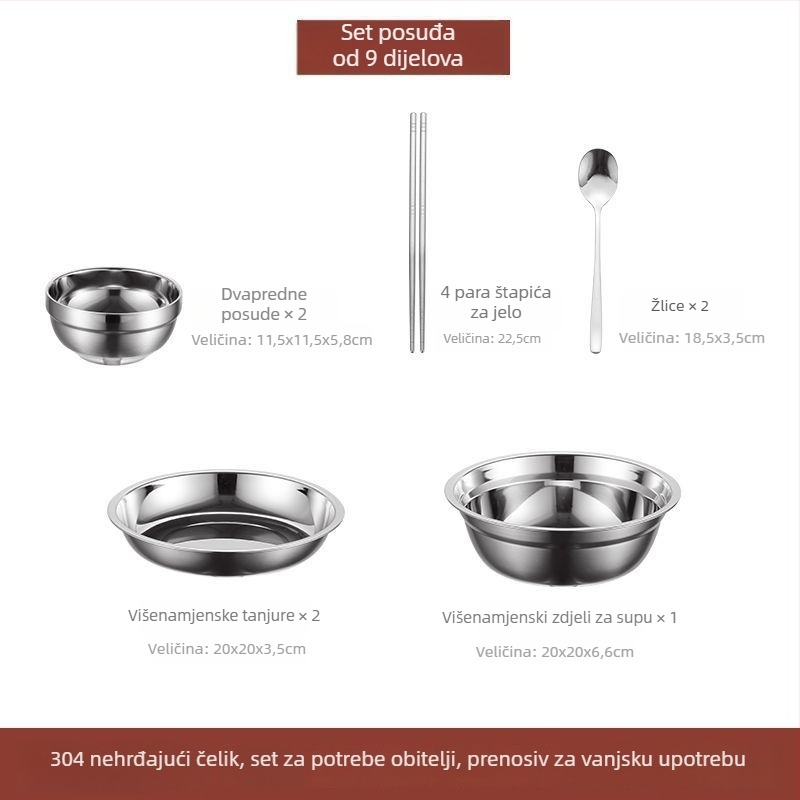 Set posuđa od nehrđajućeg čelika 304 – zdjele, tanjuri i štapići za jelo, prijenosno za kampiranje