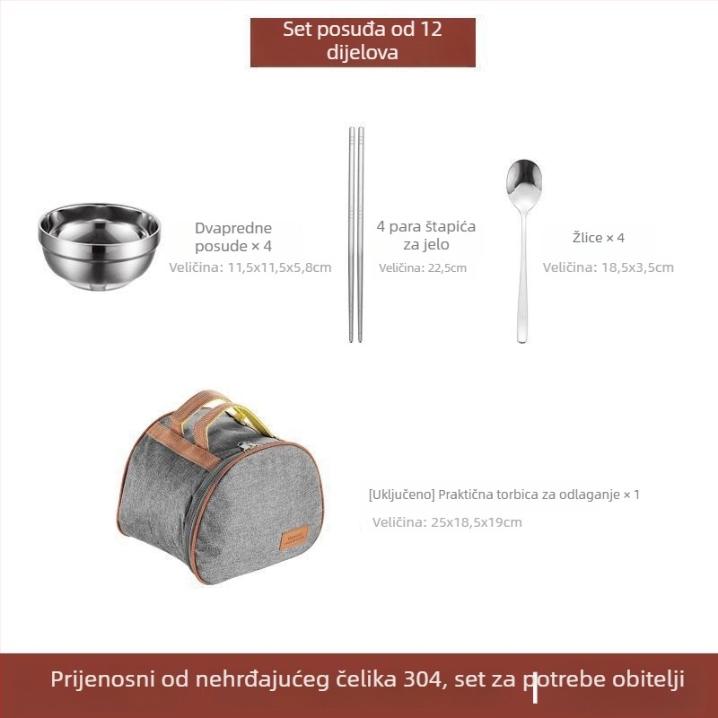 Set posuđa od nehrđajućeg čelika 304 – zdjele, tanjuri i štapići za jelo, prijenosno za kampiranje