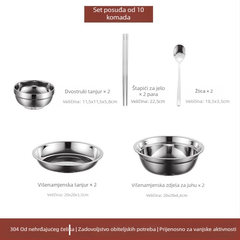 Set posuđa od nehrđajućeg čelika 304 – zdjele, tanjuri i štapići za jelo, prijenosno za kampiranje