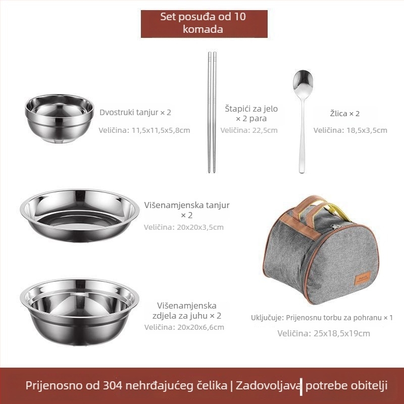Set posuđa od nehrđajućeg čelika 304 – zdjele, tanjuri i štapići za jelo, prijenosno za kampiranje