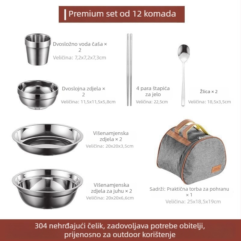 Set posuđa od nehrđajućeg čelika 304 – zdjele, tanjuri i štapići za jelo, prijenosno za kampiranje