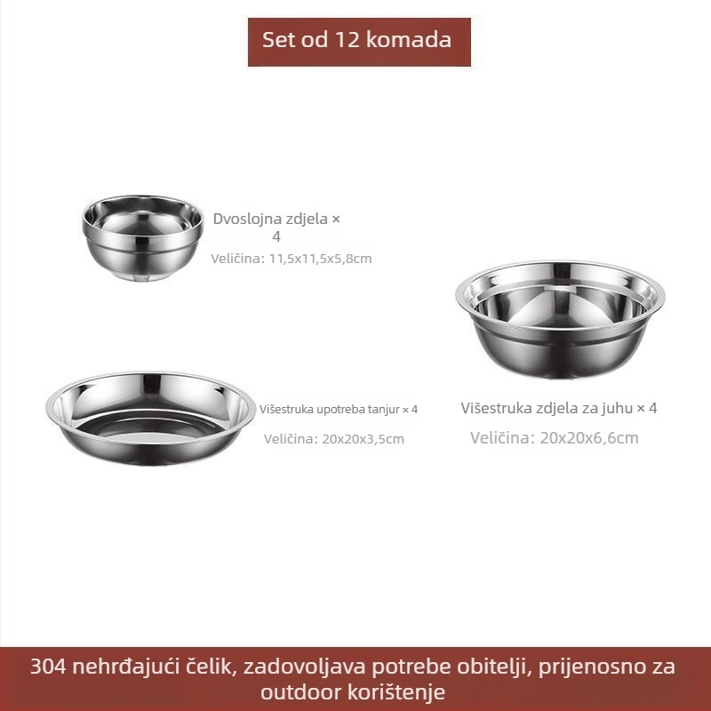 Set posuđa od nehrđajućeg čelika 304 – zdjele, tanjuri i štapići za jelo, prijenosno za kampiranje