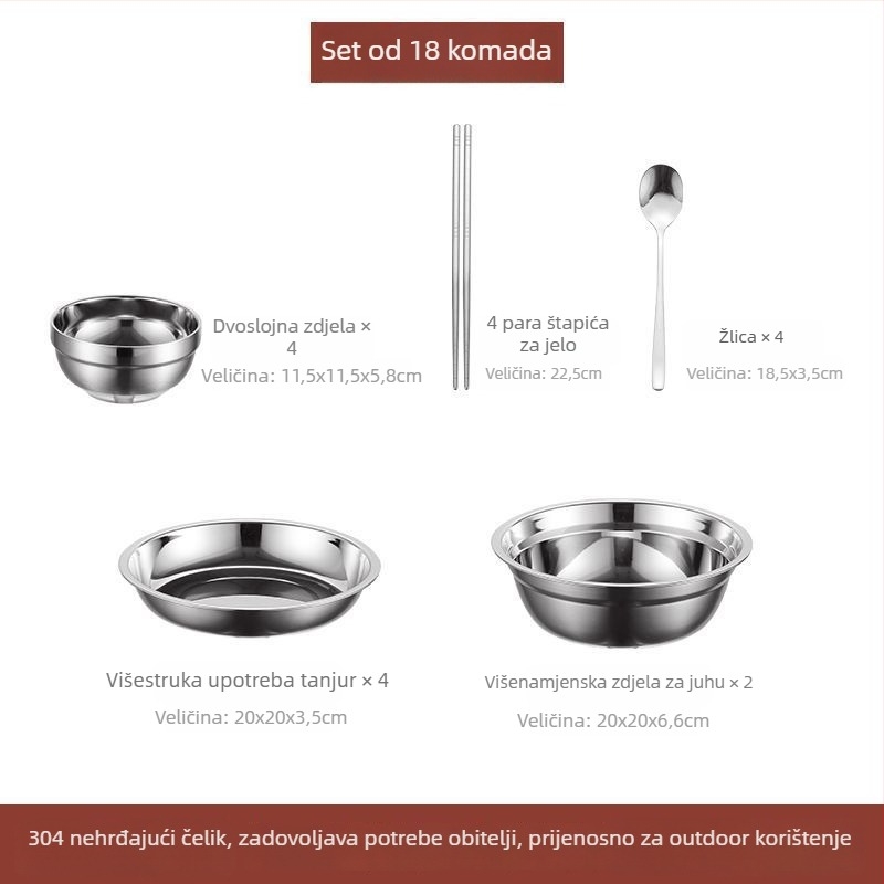 Set posuđa od nehrđajućeg čelika 304 – zdjele, tanjuri i štapići za jelo, prijenosno za kampiranje