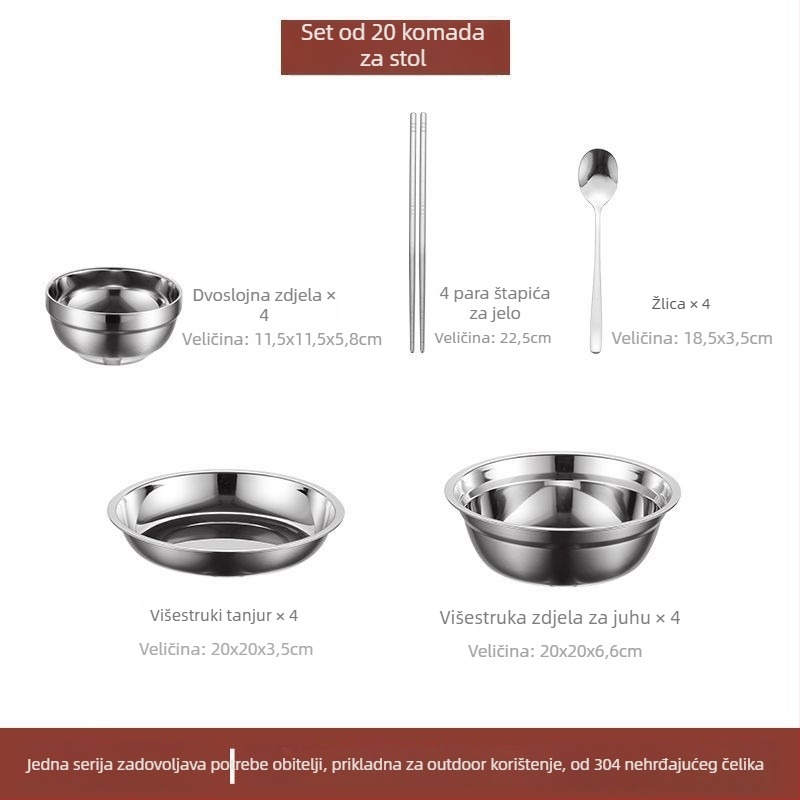 Set posuđa od nehrđajućeg čelika 304 – zdjele, tanjuri i štapići za jelo, prijenosno za kampiranje