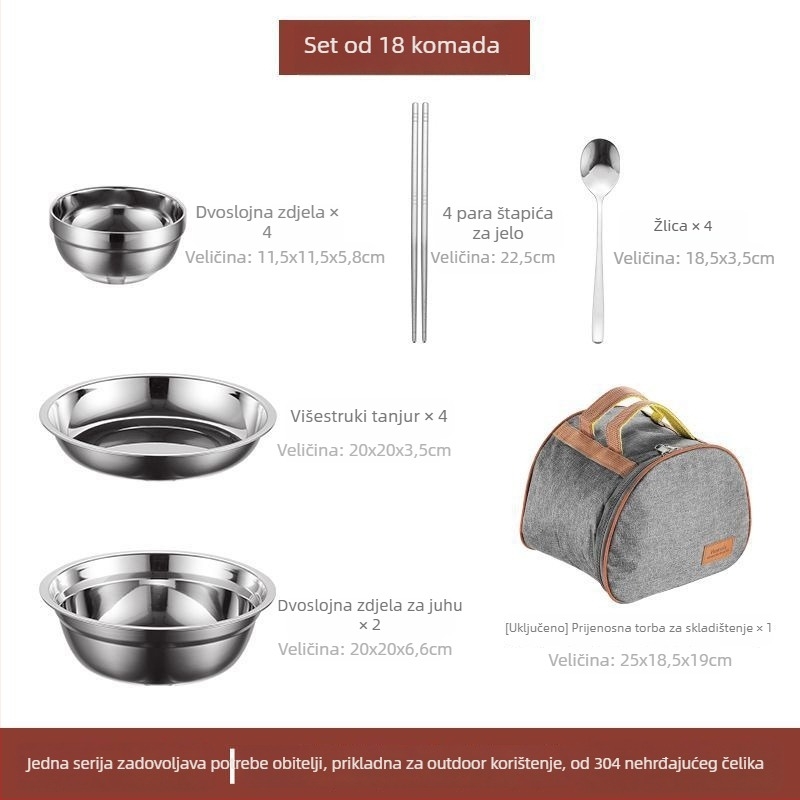 Set posuđa od nehrđajućeg čelika 304 – zdjele, tanjuri i štapići za jelo, prijenosno za kampiranje