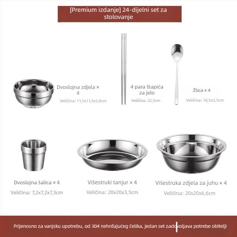 Set posuđa od nehrđajućeg čelika 304 – zdjele, tanjuri i štapići za jelo, prijenosno za kampiranje