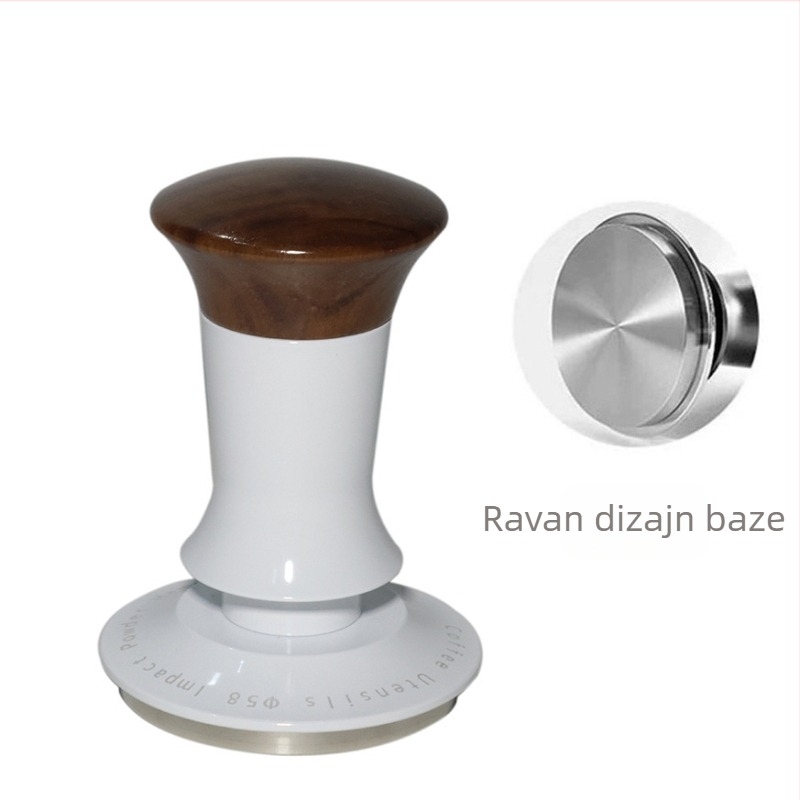 Tamper za kavu za poluautomatski espress aparat – drvo oraha, aluminij i nehrđajući čelik; dizajn s uravnoteženjem tlaka
