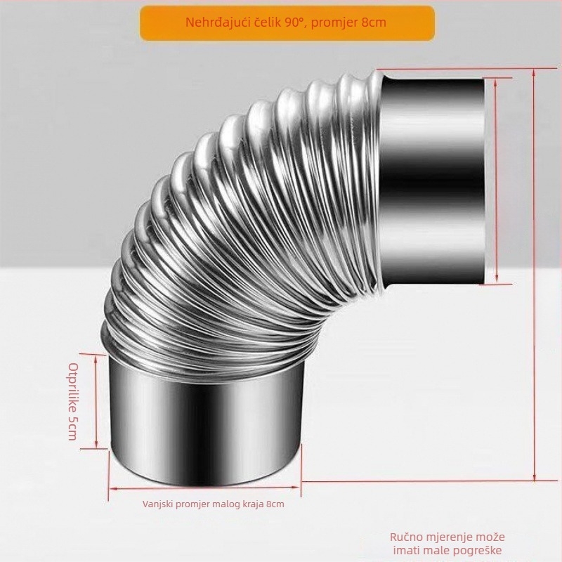 Nehrđajući čelični kutni spoj za ispušni kanal štednjaka na drva i kuhinjske nape, 90°/45°
