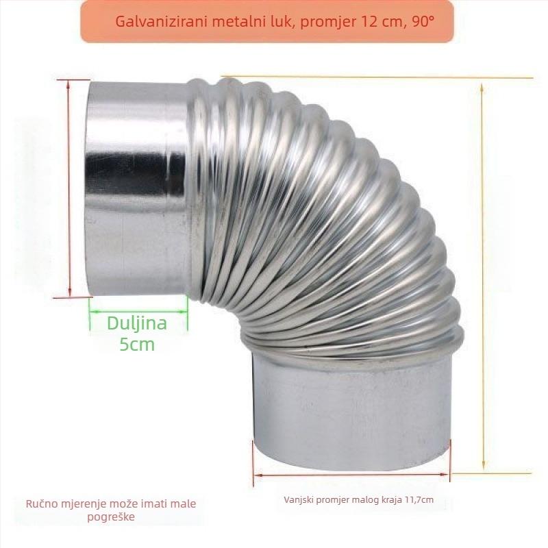 Nehrđajući čelični kutni spoj za ispušni kanal štednjaka na drva i kuhinjske nape, 90°/45°