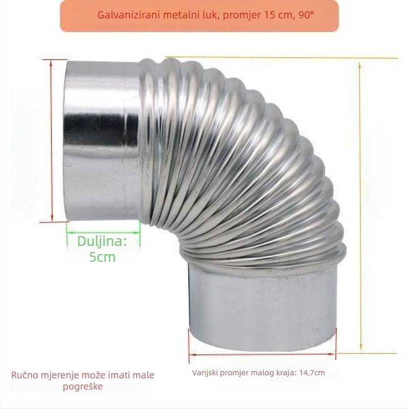 Nehrđajući čelični kutni spoj za ispušni kanal štednjaka na drva i kuhinjske nape, 90°/45°