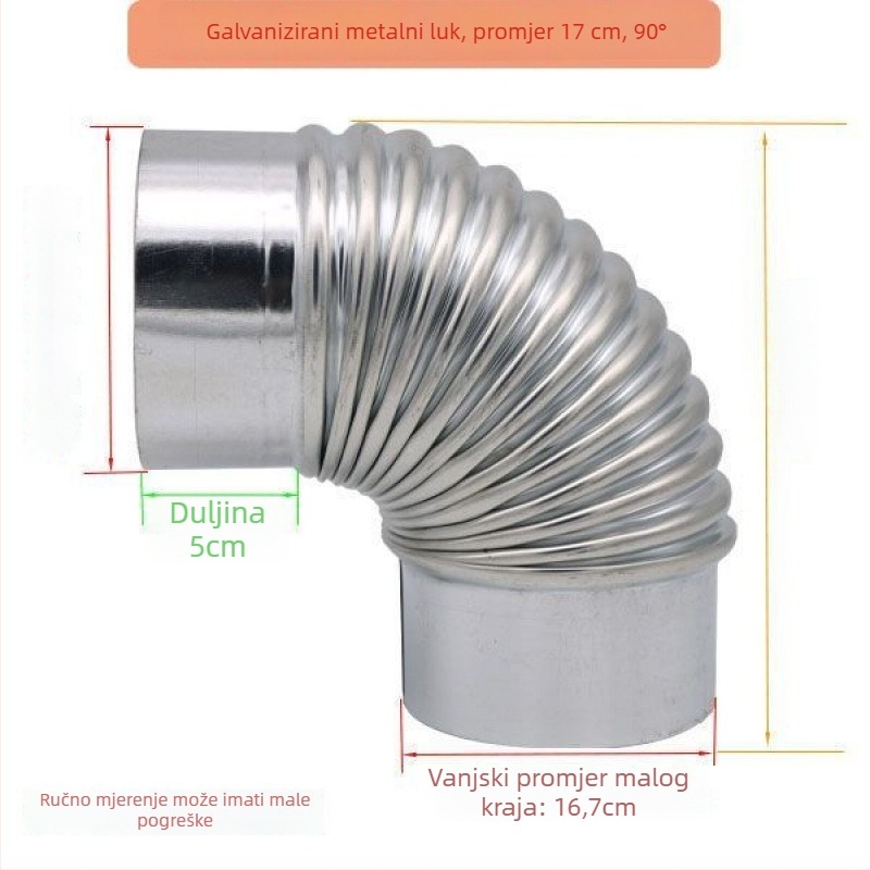 Nehrđajući čelični kutni spoj za ispušni kanal štednjaka na drva i kuhinjske nape, 90°/45°
