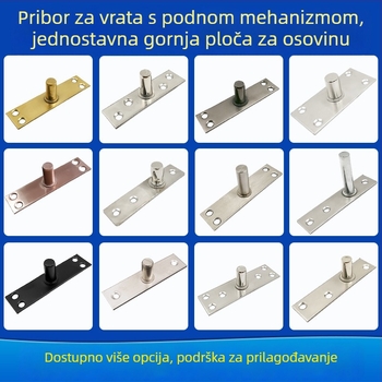 Komplet podne opruge za okvir staklenih vrata: gornja osovska pločica, fiksni osovinski, T-oblik jezgro; Materijal: 304/201 nehrđajući čelik ili pocinčani čelik; Stil: moderni minimalistizam